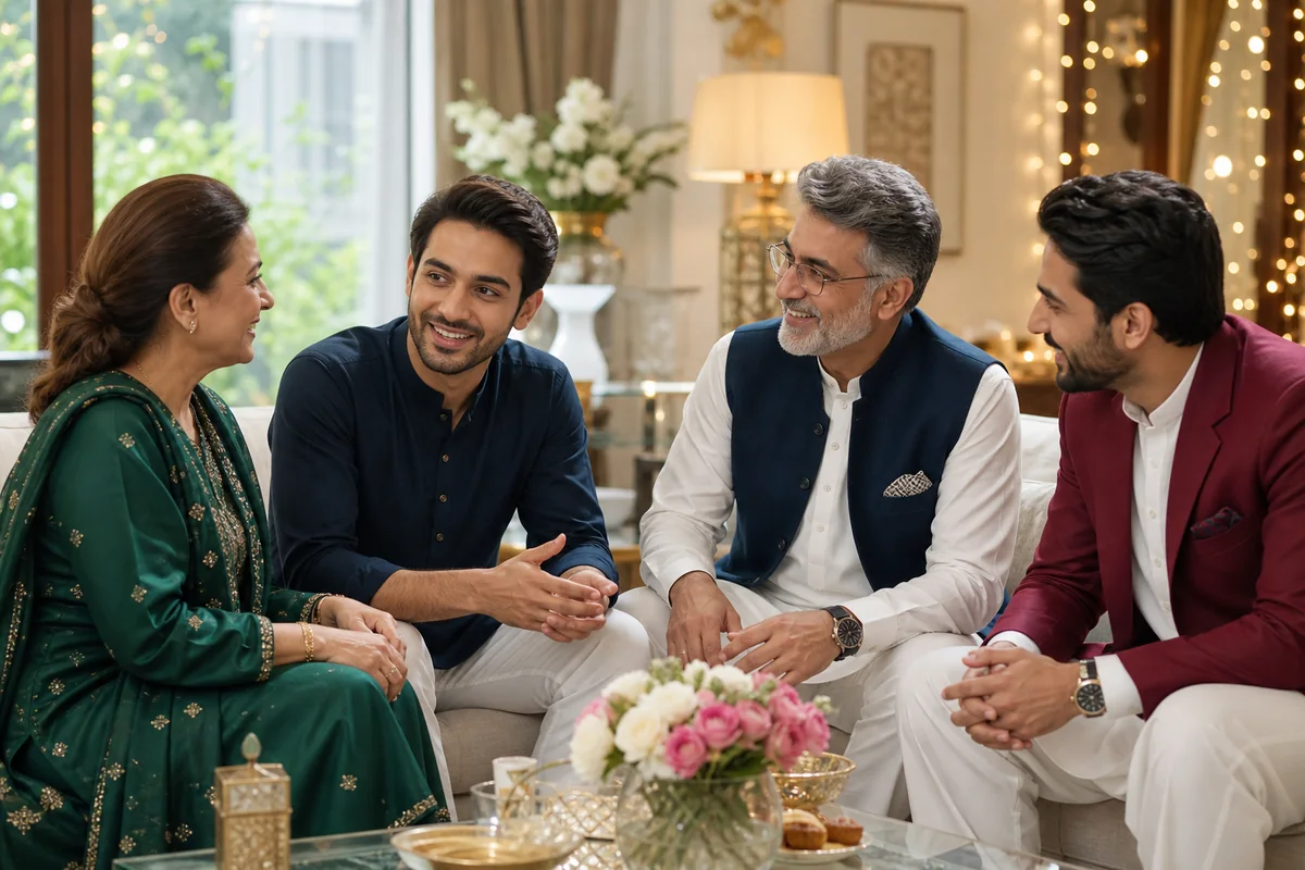 A modern multigenerational Pakistani family sharing an open conversation