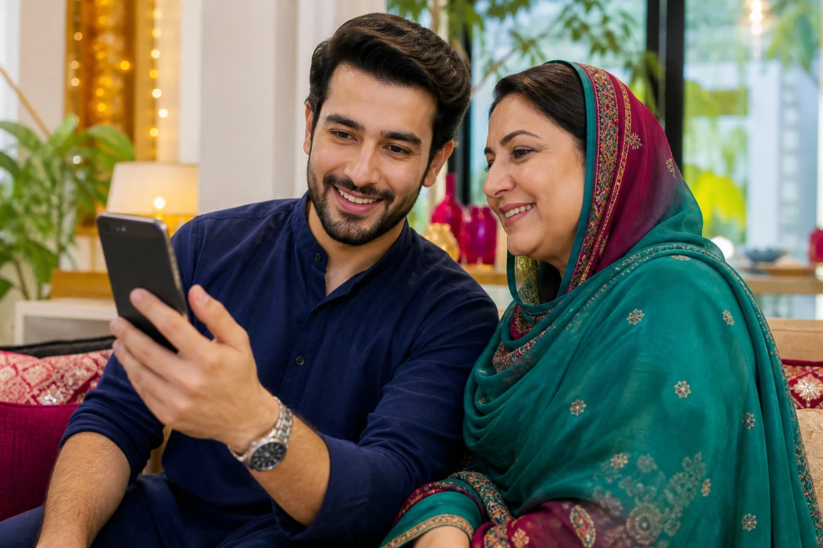 A Pakistani man and his mother preparing a matrimonial profile on a smartphone