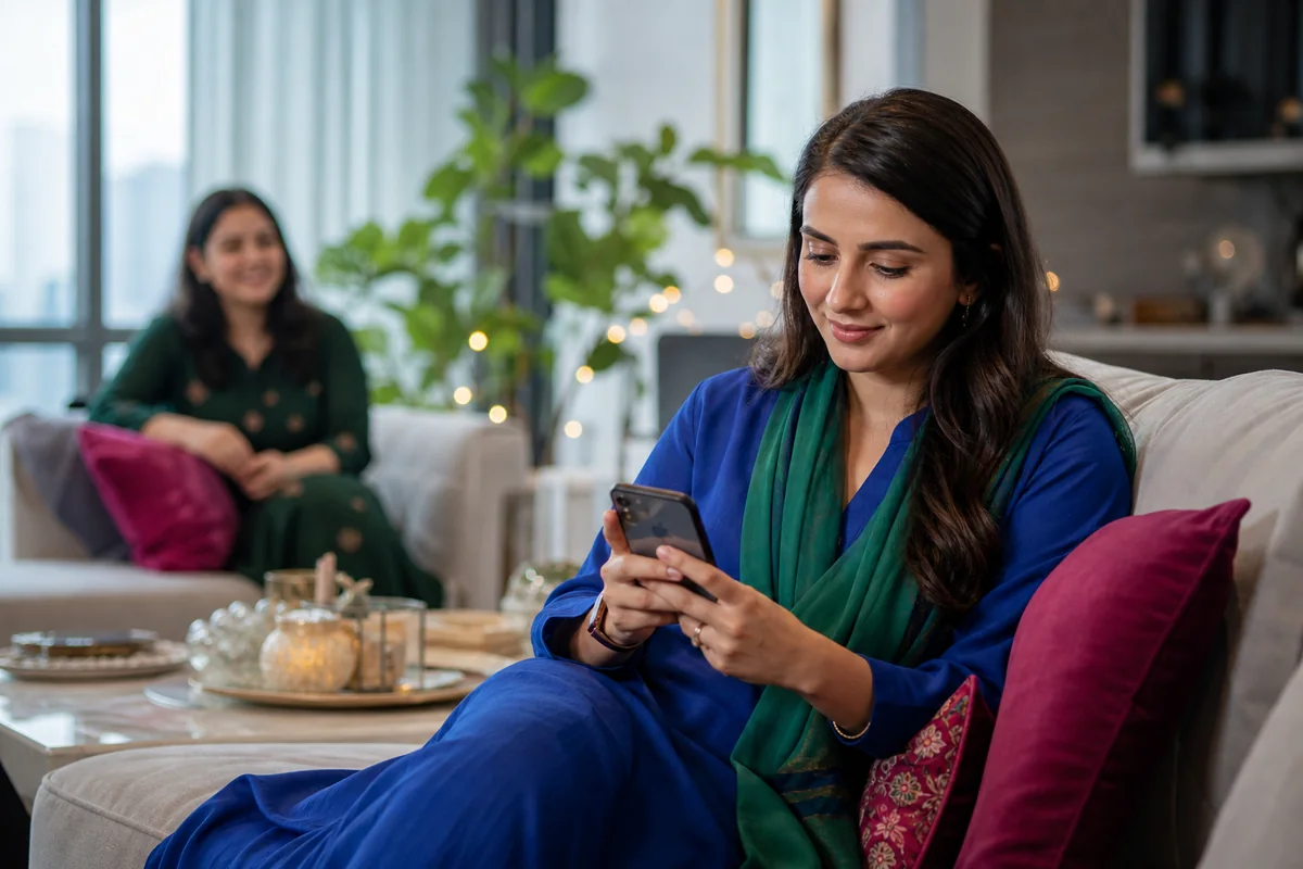 A modern Pakistani woman managing her matrimonial profile with quiet family support