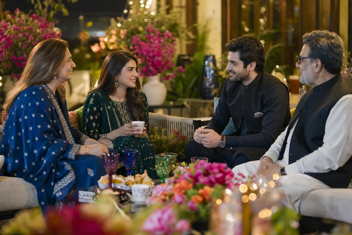 Two Pakistani families sharing a respectful matrimonial introduction