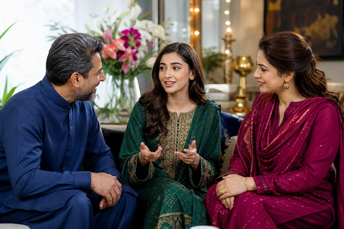 A Pakistani candidate speaking confidently with supportive parents