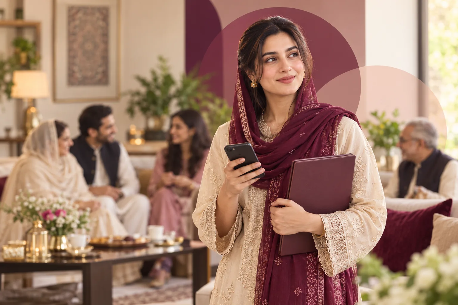 A Pakistani woman holding a phone and organised profile folder while families gather in a warm community setting